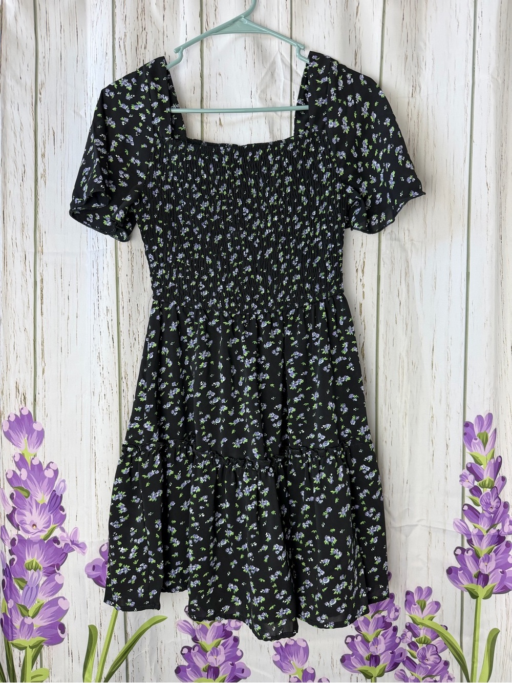 Black Floral Smocked Square-Neck Mini Dress